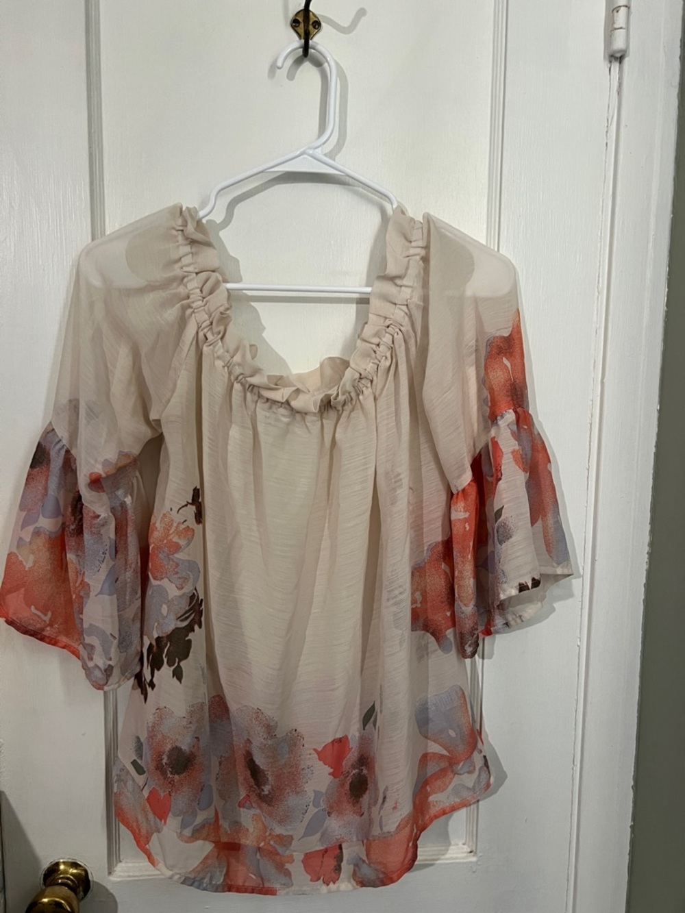 Ruffled Off-Shoulder Floral Blouse in Cream and Coral (Sheer)